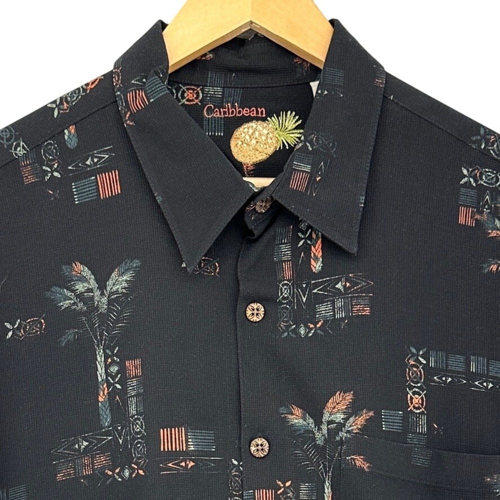 Caribbean‎ Silk Blend Tropical Palm Tree Button Down Shirt Black Short Sleeve XL